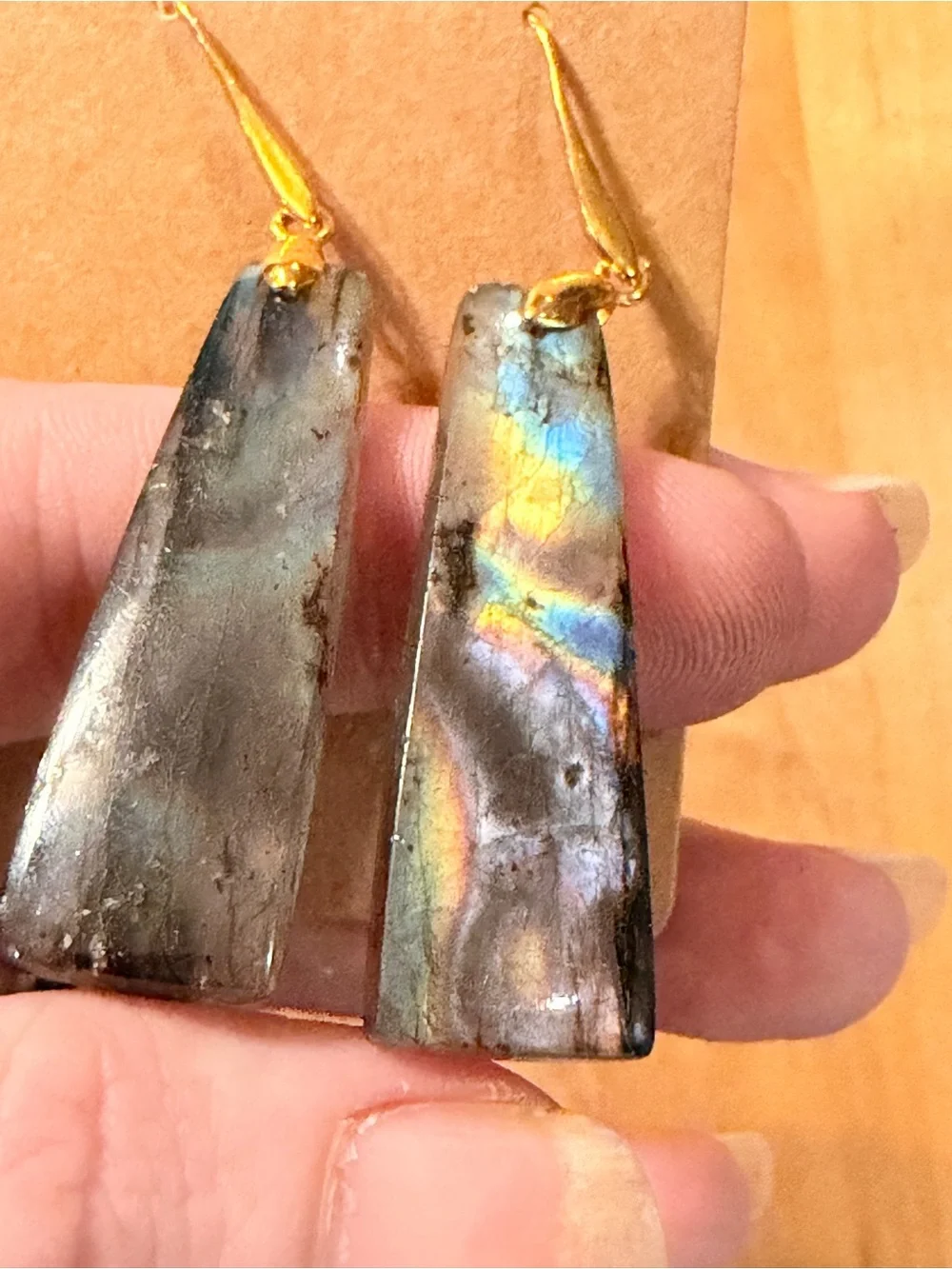 Beautiful Blue/Green/Yellow Labradorite Earrings w/14K Gold Plated Hooks